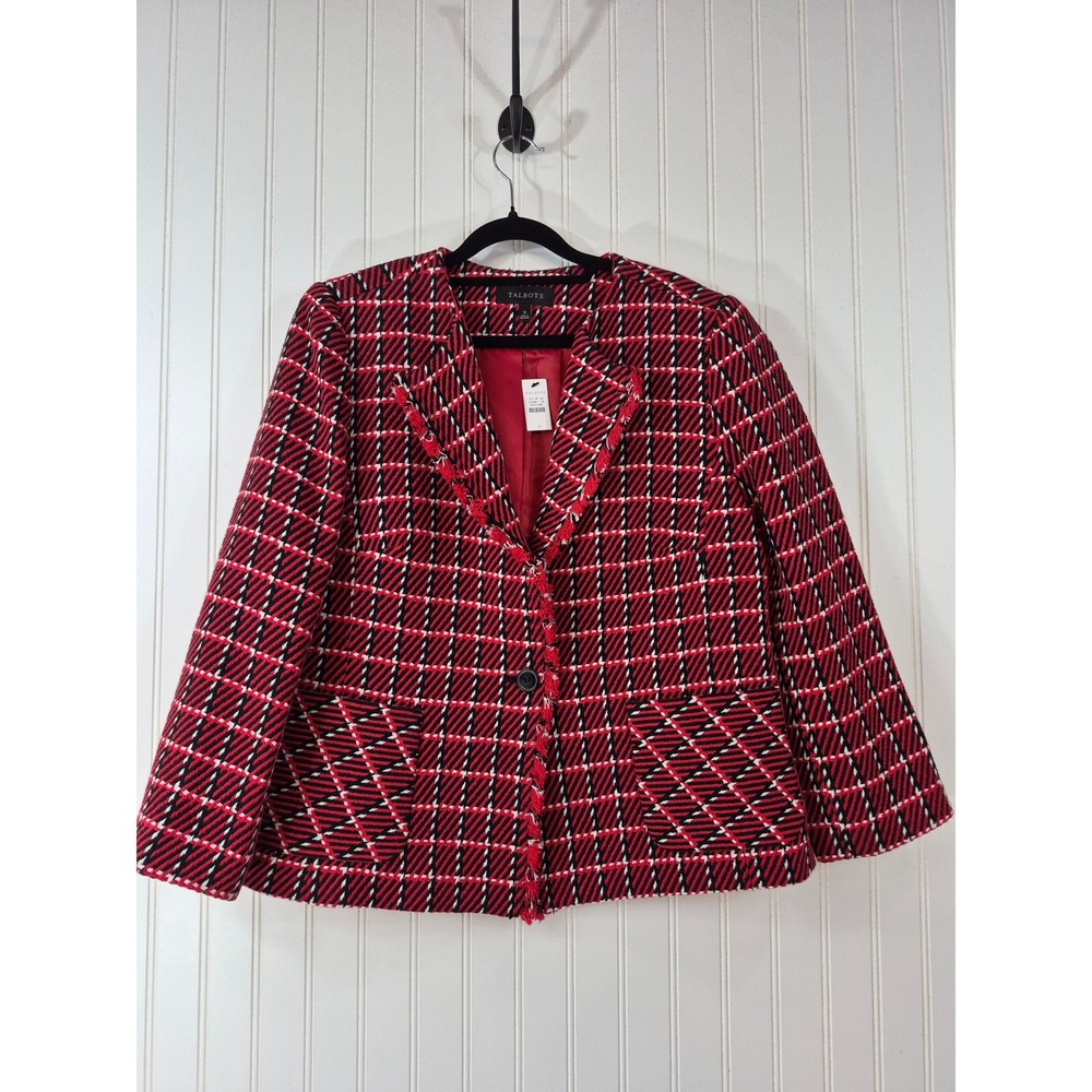 NWT Talbots Womens Red Black White Plaid Fringe Tweed Blazer Jacket Size 12